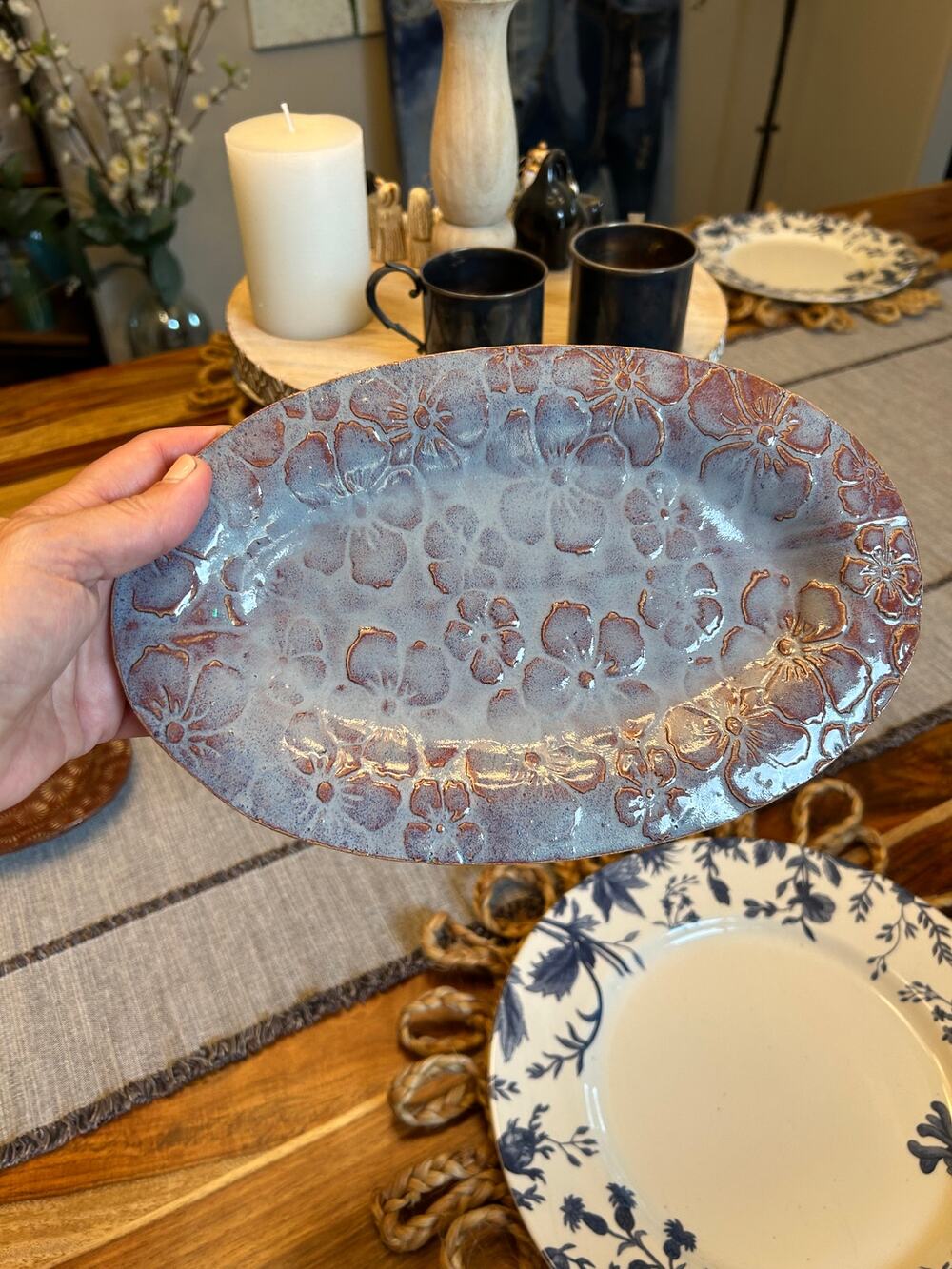 Hibiscus Oval Plate Ceramic Dish 10 x 6.5 inch Boho Home Gift Blue Decor